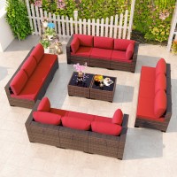 Kullavik 14 Pieces Outdoor Patio Furniture Set Outdoor Sectional Rattan Sofa Set Brown Manual Wicker Patio Conversation Set With Red Cushions,2 Tempered Glass Tea Table And Cushions Covers