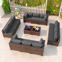Kullavik 14 Pieces Outdoor Patio Furniture Set Outdoor Sectional Rattan Sofa Set Brown Manual Wicker Patio Conversation Set With Grey Cushions,2 Tempered Glass Tea Table And Cushions Covers