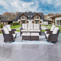 Rilyson Wicker Patio Furniture Set 7 Piece Rattan Outdoor Sectional Conversation Sets With 4 Swivel Rocking Chairs 2 Ottomans