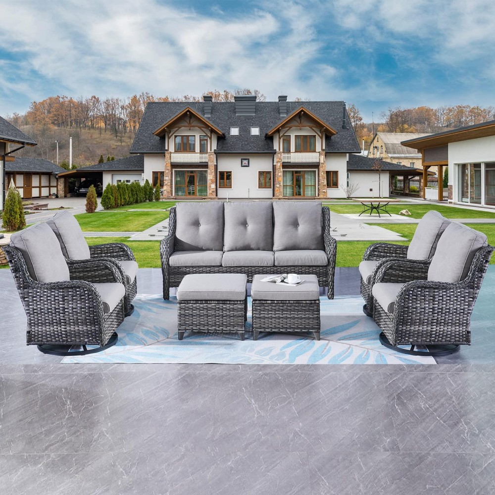 Rilyson Wicker Patio Furniture Set 7 Piece Rattan Outdoor Sectional Conversation Sets With 4 Swivel Rocking Chairs 2 Ottomans