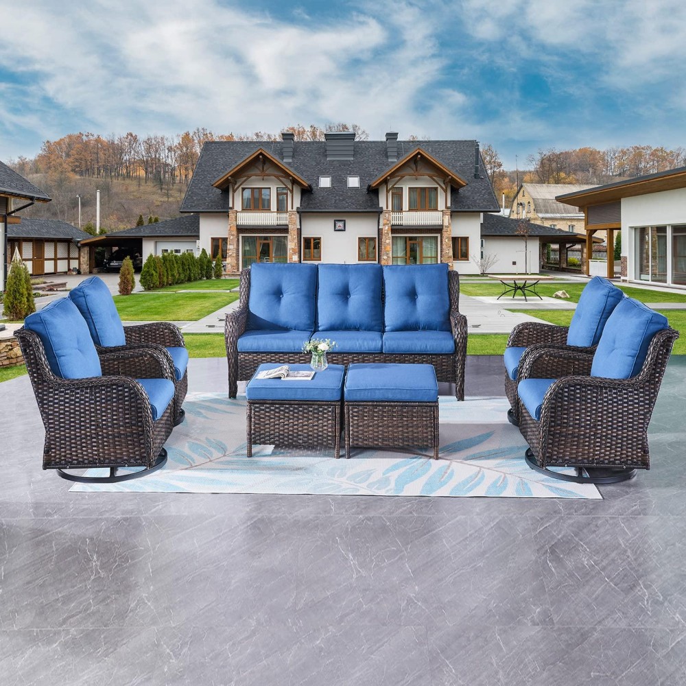 Rilyson Wicker Patio Furniture Set 7 Piece Rattan Outdoor Sectional Conversation Sets With 4 Swivel Rocking Chairs 2 Ottomans