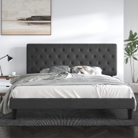 Sha Cerlin King Size Bed Frame With Button Tufted Headboard, Fabric Upholstered Mattress Foundation, Platform Bed Frame, Wooden Slat Support, No Box Spring Needed, Dark Grey