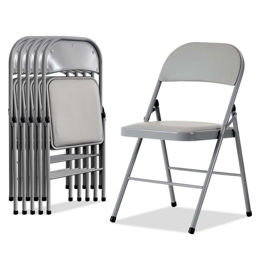 Karl Home 6 Pack Grey Folding Chairs With Padded Seats For Outdoor Indoor Portable Stackable Commercial Seat With Steel Frame