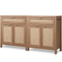 Sicotas Sideboard Buffet Cabinet Set Of 2 Rattan Credenza Storage Cabinet Boho Buffet Table Console Cabinet With Drawer Farmh