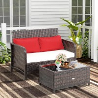 Relax4Life 2-Piece Wicker Outdoor Loveseat, Patio Furniture Set W/Love Seat, Glass-Top Coffee Table & Cushions, 2-Seater Conversation Sofa Couch For Balcony Porch, Rattan Patio Loveseat With Table