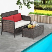 Relax4Life 2-Piece Wicker Outdoor Loveseat, Patio Furniture Set W/Love Seat, Glass-Top Coffee Table & Cushions, 2-Seater Conversation Sofa Couch For Balcony Porch, Rattan Patio Loveseat With Table