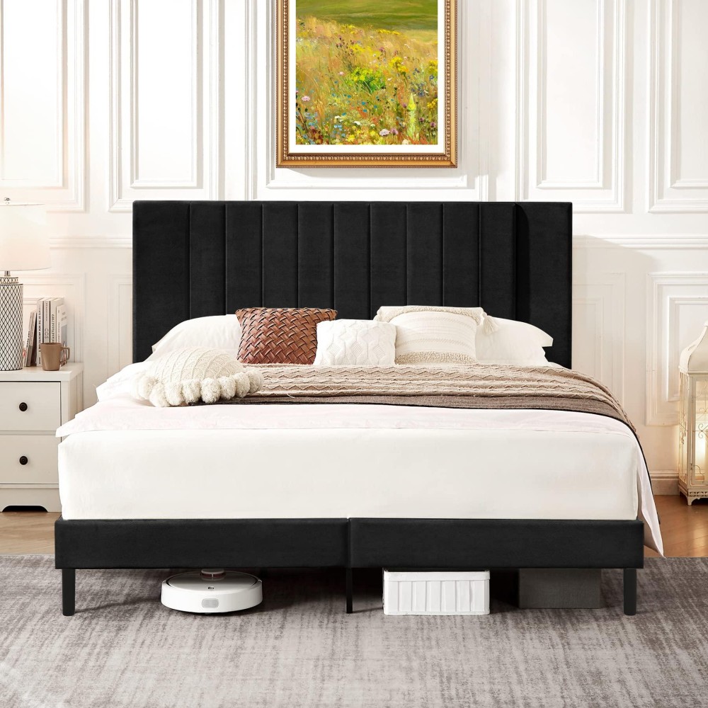 Flolinda Queen Size Platform Bed Frame With Velvet Upholstered Headboard And Wooden Slats Support Fully Upholstered Mattress Fo