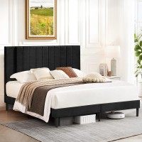 Flolinda Queen Size Platform Bed Frame With Velvet Upholstered Headboard And Wooden Slats Support Fully Upholstered Mattress Fo