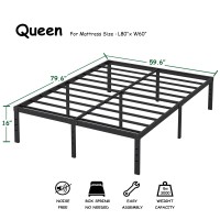 Hobinche 16 Inch Queen Size Bed Frame No Box Spring Needed Heavy Duty Black Metal Platform Mattress Foundation Nonslip Noise