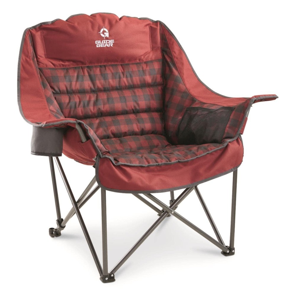 Guide Gear Oversized Extra Large Padded Camping Chair, Portable, Folding, Large Camp Lounge Chairs For Outdoor, Adults, Men And Women, Heavy-Duty 400 Pound Capacity, With Cup Holder Red Plaid