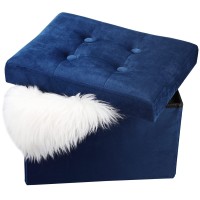 Linmagco Small Velvet Ottoman With Storage | Rectangle Ottoman Foot Rest Under Desk Stool For Room Folding Ottoman Furniture With Button Turfted-Navy 16X12X12In