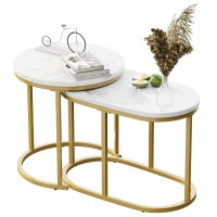 VILAWLENCE Nesting Coffee Table Set of 2 Modern Round White Marble Wood Table,Side Table Gold Metal Frame Oval