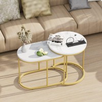 VILAWLENCE Nesting Coffee Table Set of 2 Modern Round White Marble Wood Table,Side Table Gold Metal Frame Oval