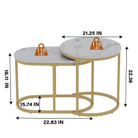 VILAWLENCE Nesting Coffee Table Set of 2 Modern Round White Marble Wood Table,Side Table Gold Metal Frame Oval