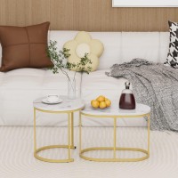 VILAWLENCE Nesting Coffee Table Set of 2 Modern Round White Marble Wood Table,Side Table Gold Metal Frame Oval