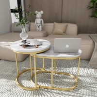 VILAWLENCE Nesting Coffee Table Set of 2 Modern Round White Marble Wood Table,Side Table Gold Metal Frame Oval