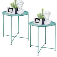 Folding Tray Metal Side Table 2Pc Green Round End Table Cyan Sofa Small Accent Fold-Able Table, Round End Table Tray, Next To Sofa Table, Snack Table For Living Room And Bed Room