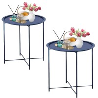 Garden 4 You Folding Tray Metal Side Table 2Pc Blue Round End Table Cyan Sofa Small Accent Fold-Able Table, Round End Table Tray, Next To Sofa Table, Snack Table For Living Room And Bed Room