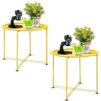 Garden 4 You Folding Tray Metal Side Table 2Pc Yellow Round End Table Cyan Sofa Small Accent Fold-Able Table, Round End Table Tray, Next To Sofa Table, Snack Table For Living Room And Bed Room