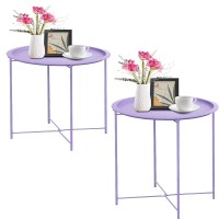 Garden 4 You Folding Tray Metal Side Table 2Pc Purple Round End Table Cyan Sofa Small Accent Fold-Able Table, Round End Table Tray, Next To Sofa Table, Snack Table For Living Room And Bed Room
