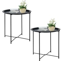 Garden 4 You Folding Tray Metal Side Table 2Pc Black Round End Table Cyan Sofa Small Accent Fold-Able Table, Round End Table Tray, Next To Sofa Table, Snack Table For Living Room And Bed Room
