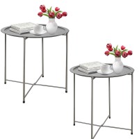 Garden 4 You Folding Tray Metal Side Table 2Pc Grey Round End Table Cyan Sofa Small Accent Fold-Able Table, Round End Table Tray, Next To Sofa Table, Snack Table For Living Room And Bed Room