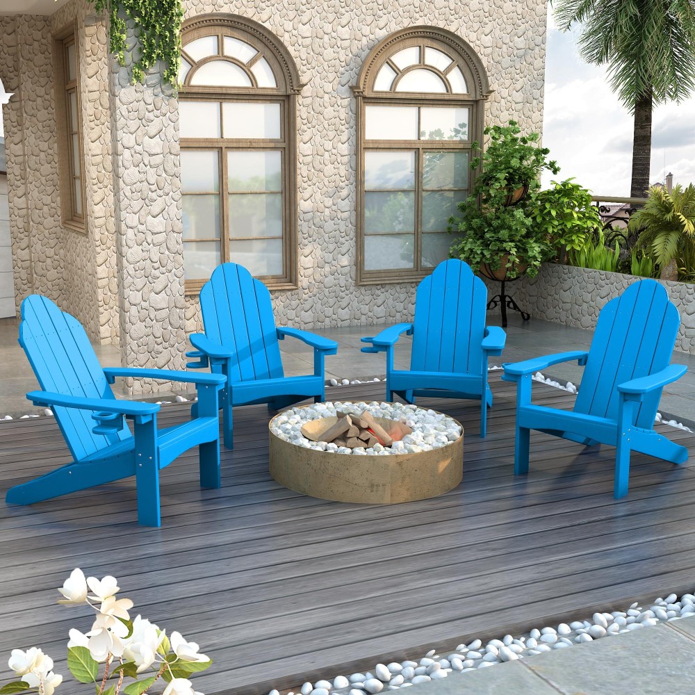 Lue Bona Hdps Adirondack Chair Set Of 4 Blue Adirondack Chairs With Cup Holder 350Lbs Modern Resin Patio Adirondack Chair Weat