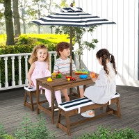 Costzon Kids Picnic Table, Toddler Wood Table & Chair Set W/Cushions, Height Adjustable Umbrella, Children Activity Table Outdoor Furniture Set For Patio, Garden, Backyard, Gift For Ages 3-8 (Blue)