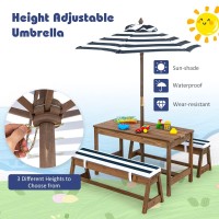 Costzon Kids Picnic Table, Toddler Wood Table & Chair Set W/Cushions, Height Adjustable Umbrella, Children Activity Table Outdoor Furniture Set For Patio, Garden, Backyard, Gift For Ages 3-8 (Blue)