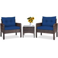 Dortala 3 Piece Patio Furniture Set, Outdoor Rattan Wicker Conversation Set With Cushions, Glass Top Coffee Table For Garden Balcony Poolside, Navy