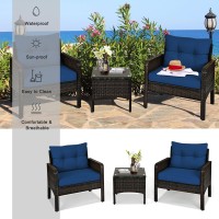 Dortala 3 Piece Patio Furniture Set, Outdoor Rattan Wicker Conversation Set With Cushions, Glass Top Coffee Table For Garden Balcony Poolside, Navy