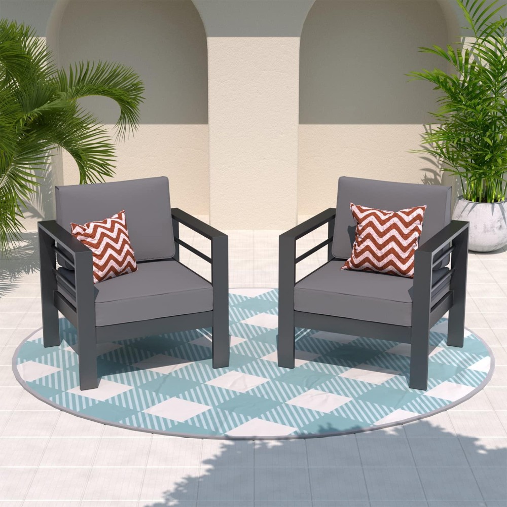 Amopatio Oversized Aluminum Patio Armchair 2 Pcs Allweather Outdoor Modern Metal Single Sofa Chair W 5 Inch Cushions Dark Gr