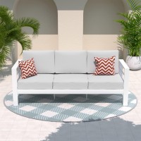 Amopatio Patio Furniture Metal Couch 3Seat Allweather Modern Aluminum Outdoor Sofa Chair W 5 Inch Cushions White And Light