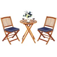 Oralner 3-Piece Acacia Wood Folding Patio Bistro Set, Small Outdoor Balcony Furniture, Round Coffee Table And 2 Chairs With Soft Cushions, Teak Table Set For Porch, Backyard, Deck (Navy Blue)
