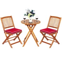 Oralner 3-Piece Acacia Wood Folding Patio Bistro Set, Small Outdoor Balcony Furniture, Round Coffee Table And 2 Chairs With Soft Cushions, Teak Table Set For Porch, Backyard, Deck (Red)