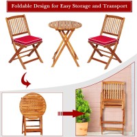 Oralner 3-Piece Acacia Wood Folding Patio Bistro Set, Small Outdoor Balcony Furniture, Round Coffee Table And 2 Chairs With Soft Cushions, Teak Table Set For Porch, Backyard, Deck (Red)