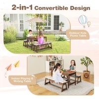 Honey Joy Kids Picnic Table, Outdoor Wooden Table & Bench Set W/Removable Cushions And Umbrella, Stripe Fabric, Children Backyard Furniture For Patio Garden, Gift For Toddler Boys Girls Age 3+(Coffee)