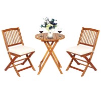 Oralner 3-Piece Acacia Wood Folding Patio Bistro Set, Small Outdoor Balcony Furniture, Round Coffee Table And 2 Chairs With Soft Cushions, Teak Table Set For Porch, Backyard, Deck (Cream White)