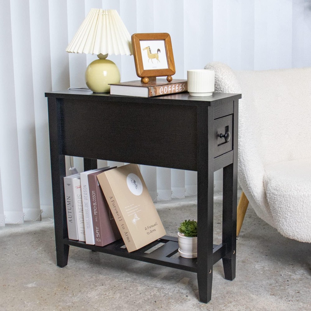 Lusuowlz Narrow End Table Black Side Table With Drawer Slim Bed Side Table For Small Spacenight Stand Set Of 1 Side Table Fo