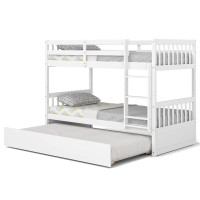 Komfott Wood Twin Over Twin Bunk Bed With Trundle, Solid Pine Wood Bunk Bed Frame With Ladder & Safety Guardrails, Space-Saving Convertible Bunk Bed For Home & Dormitory, No Box Spring Needed