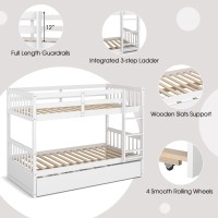 Komfott Wood Twin Over Twin Bunk Bed With Trundle, Solid Pine Wood Bunk Bed Frame With Ladder & Safety Guardrails, Space-Saving Convertible Bunk Bed For Home & Dormitory, No Box Spring Needed