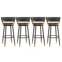 Lirrebol Swivel Bar Stools With Woven Back Set Of 1/2/3/4, Counter Height Stools For Kitchen, Grey Velvet Seat, Black Metal Legs, Seat Height 65/75Cm