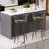 Lirrebol Swivel Bar Stools With Woven Back Set Of 1/2/3/4, Counter Height Stools For Kitchen, Grey Velvet Seat, Black Metal Legs, Seat Height 65/75Cm