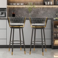 Lirrebol Swivel Bar Stools With Woven Back Set Of 1/2/3/4, Counter Height Stools For Kitchen, Grey Velvet Seat, Black Metal Legs, Seat Height 65/75Cm