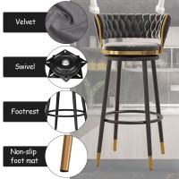 Lirrebol Swivel Bar Stools With Woven Back Set Of 1/2/3/4, Counter Height Stools For Kitchen, Grey Velvet Seat, Black Metal Legs, Seat Height 65/75Cm