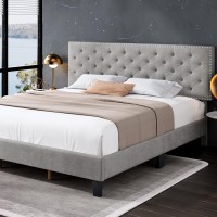 Hostack King Size Bed Frame Modern Upholstered Platform Bed With Adjustable Headboard Heavy Duty Button Tufted Bed Frame With