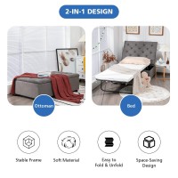 Gorelax Folding Ottoman Chair Bed, 2 In 1 Convertible Sleeper Sofa Bed With Mattress, Fold Out Bed W/Metal Bed Frame, Tufted Fabric Chase Lounge Guest Bed For Living Room, Bedroom