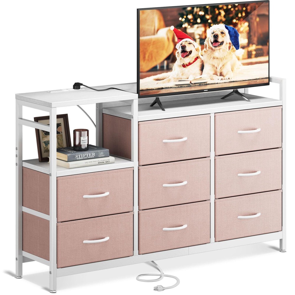 Odk Tv Stand With Charging Station, 52'' Long Tv Stand For Living Room Tv Stand With 8 Drawers, White And Pink