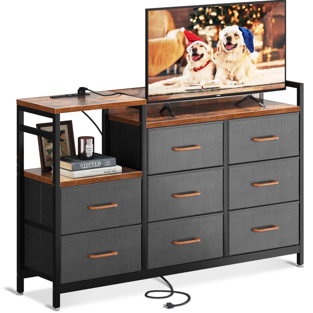 Odk Tv Stand With Charging Station, 52'' Long Tv Stand For Living Room Tv Stand With 8 Drawers, Vintage And Dark Grey