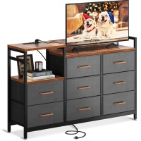 Odk Tv Stand With Charging Station, 52'' Long Tv Stand For Living Room Tv Stand With 8 Drawers, Vintage And Dark Grey